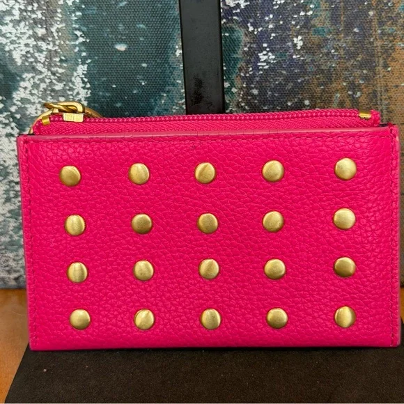 J.Crew Barbiecore Hot Pink Studded Leather Card Case & Key Ring (EUC) - Picture 3 of 9